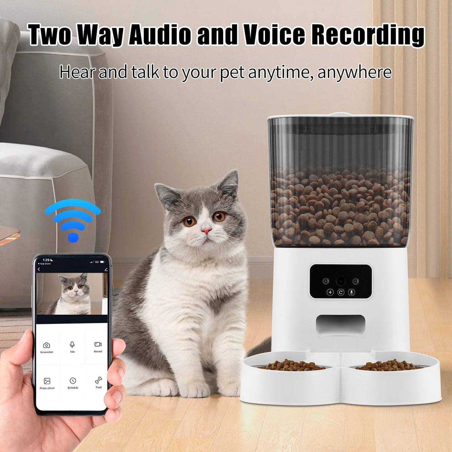 Automatic Pet Feeder with Camera for 2 Pets, 1080P Camera 5L Cat Feeder with 2 Stainless Steel Bowls, Two Way Talk, Remote APP Control Support 2.4G Wifi