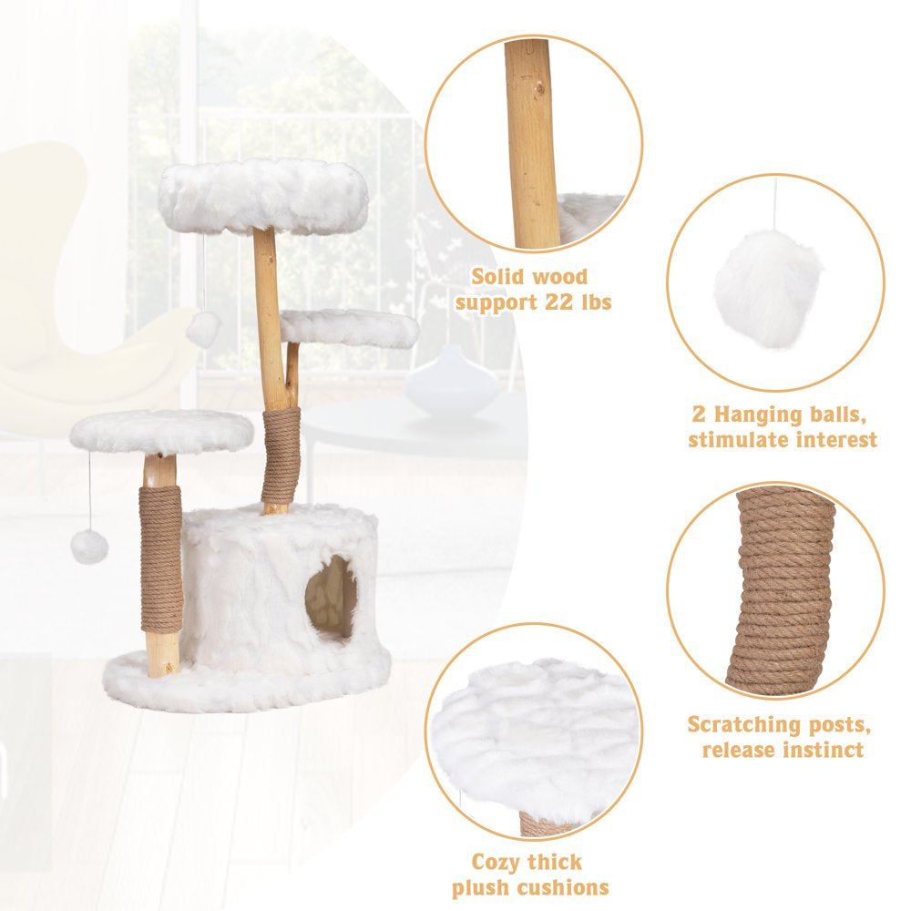 42-In Modern Cat Tree Tower for Large Cats, Natural Branch Cat Condo with 3 Platforms, Scratching Posts, Cat Cave Bed, White