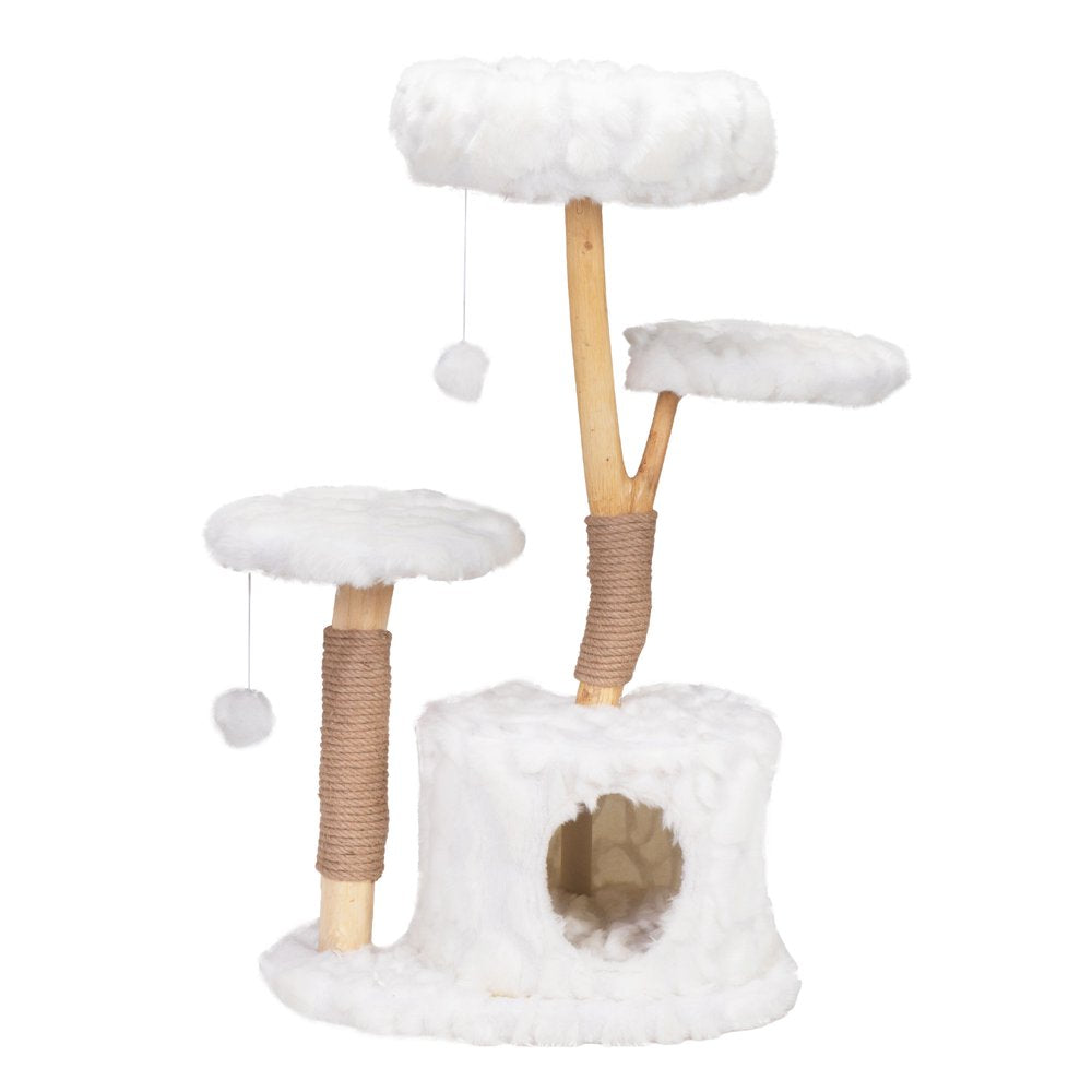 42-In Modern Cat Tree Tower for Large Cats, Natural Branch Cat Condo with 3 Platforms, Scratching Posts, Cat Cave Bed, White