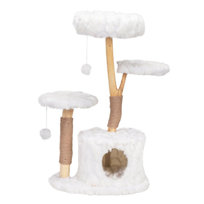 42-In Modern Cat Tree Tower for Large Cats, Natural Branch Cat Condo with 3 Platforms, Scratching Posts, Cat Cave Bed, White