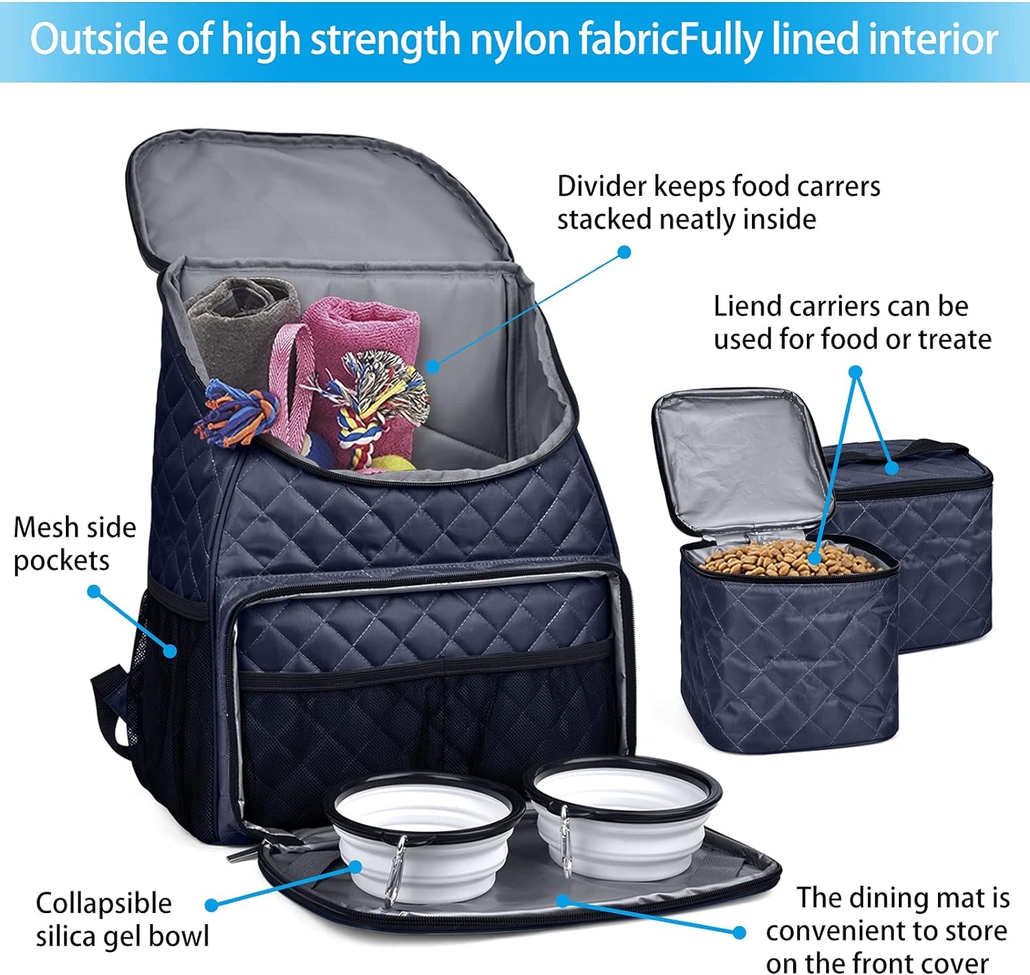 Dog Travel Bag,Airline Approved Pet Supplies Backpack, Dog Travel Backpack with 2 Silicone Collapsible Bowls and 2 Food Baskets.