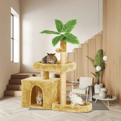 31.5" Cat Tree Cat Tower for Indoor Cats with Green Leaves, Cat Condo Cozy Plush Cat House with Hang Ball and Leaf Shape Design, Cat Furniture Pet House with Cat Scratching Posts,Beige