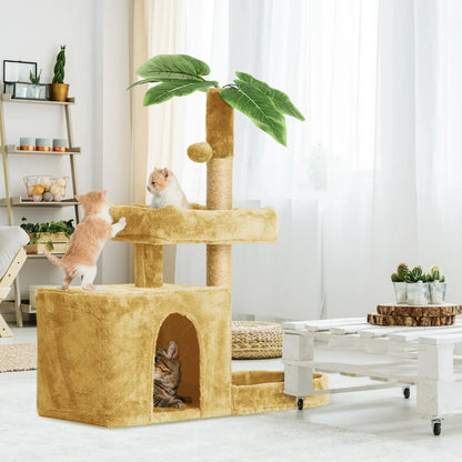 31.5" Cat Tree Cat Tower for Indoor Cats with Green Leaves, Cat Condo Cozy Plush Cat House with Hang Ball and Leaf Shape Design, Cat Furniture Pet House with Cat Scratching Posts,Beige