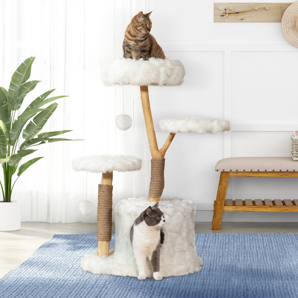 42-In Modern Cat Tree Tower for Large Cats, Natural Branch Cat Condo with 3 Platforms, Scratching Posts, Cat Cave Bed, White