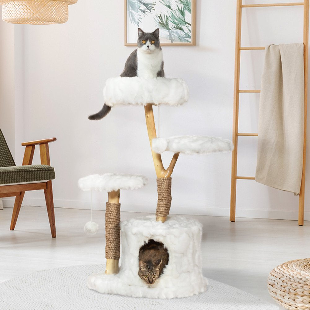 42-In Modern Cat Tree Tower for Large Cats, Natural Branch Cat Condo with 3 Platforms, Scratching Posts, Cat Cave Bed, White