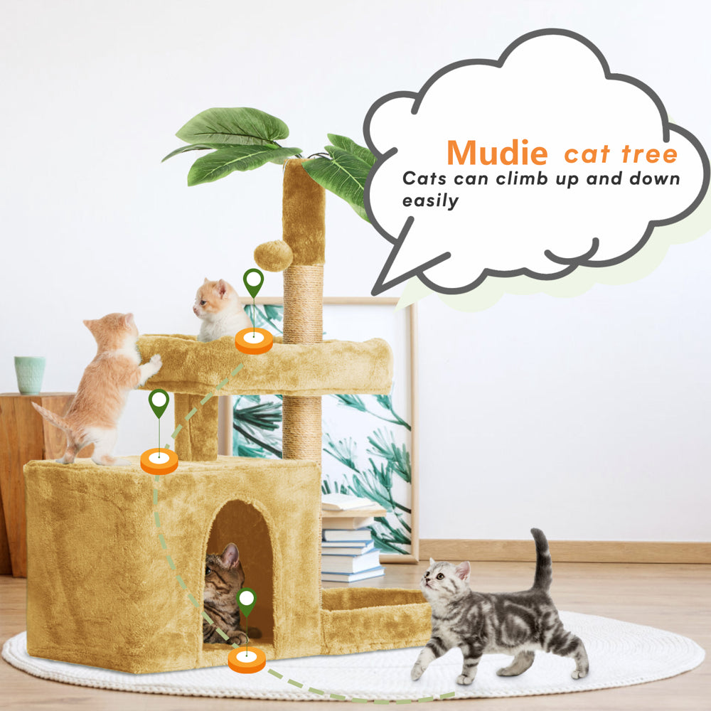 31.5" Cat Tree Cat Tower for Indoor Cats with Green Leaves, Cat Condo Cozy Plush Cat House with Hang Ball and Leaf Shape Design, Cat Furniture Pet House with Cat Scratching Posts,Beige