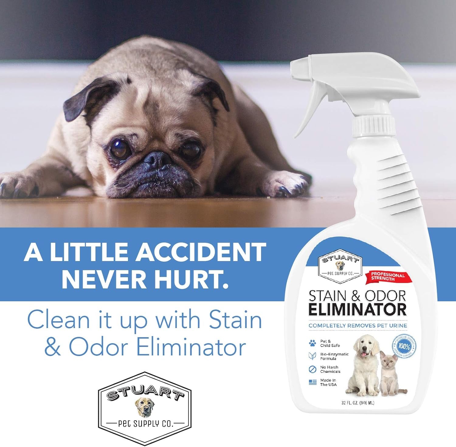 Professional Strength Pet Stain and Odor Eliminator Urine Odor Remover Pet Urine Enzyme Cleaner Enzymatic Cleaner for Dog Urine and Cat Urine Pet Odor Eliminator (32 Oz.)