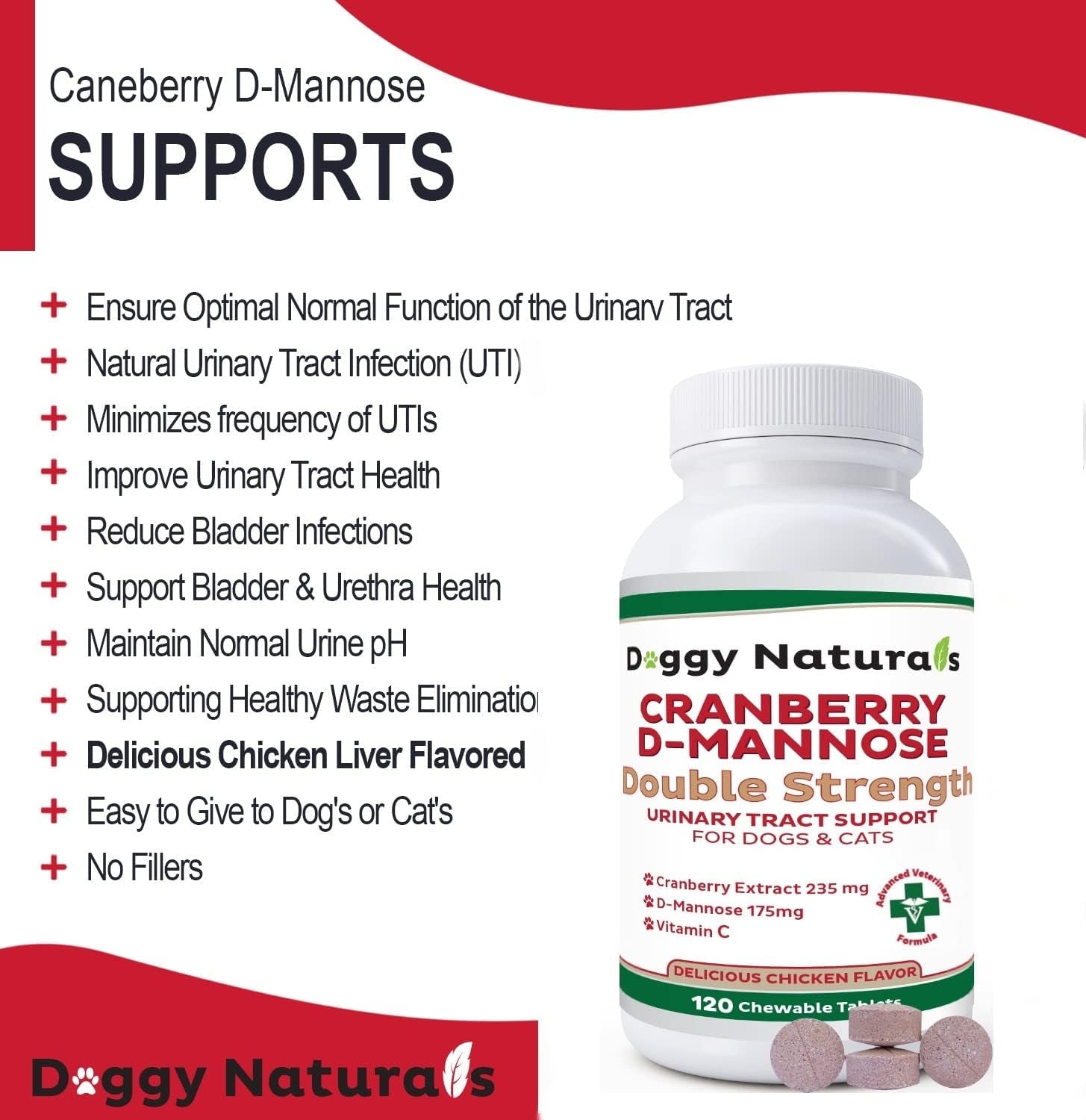 Cranberry D-Mannose for Dogs and Cats Urinary Tract Infection Support Prevents and Eliminates UTI, Bladder Infection Kidney Support, Antioxidant (Double Strength Tablet, 120 Count)