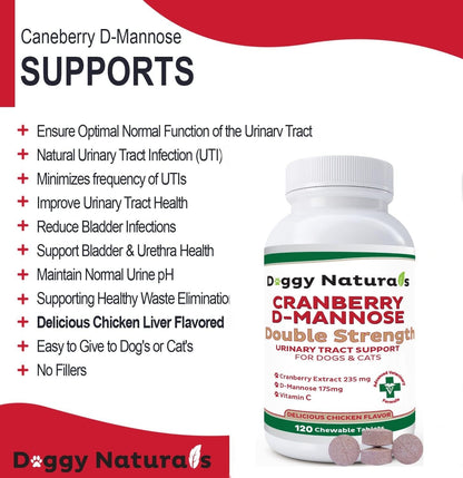 Cranberry D-Mannose for Dogs and Cats Urinary Tract Infection Support Prevents and Eliminates UTI, Bladder Infection Kidney Support, Antioxidant (Double Strength Tablet, 120 Count)