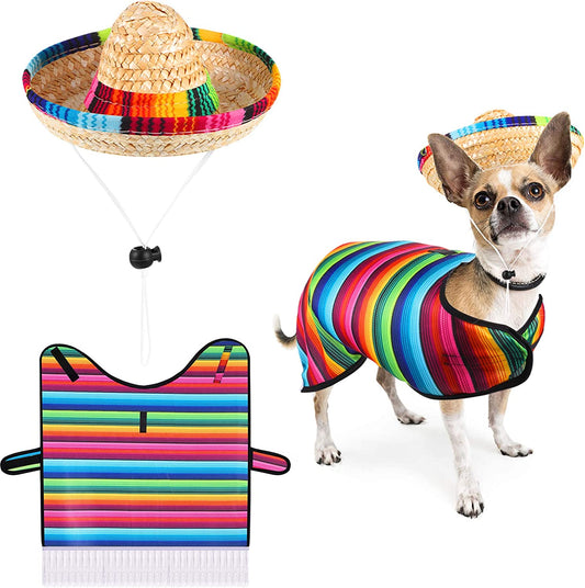 Dog Sombrero Hat Pet Serape Poncho Costume Multicolor Funny Dog Costume Adjustable Sombrero Costume Mexican Dog Poncho Straw Hat Chihuahua Clothes for Mexican Party Decorations (S)