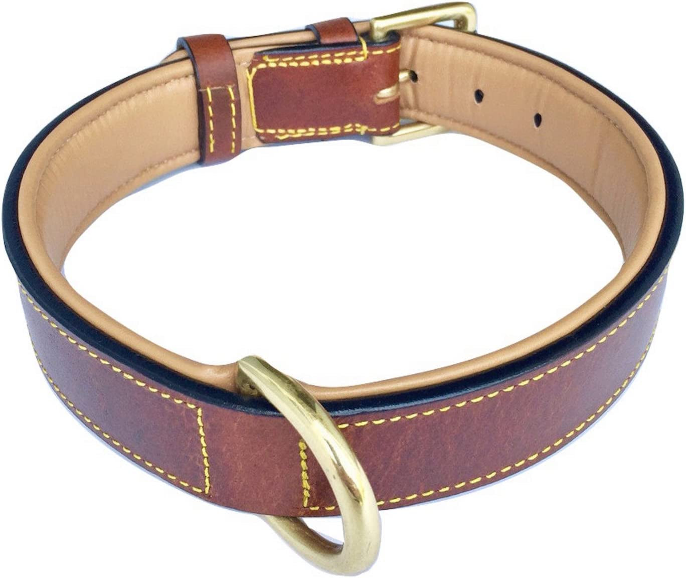 Padded Leather Dog Collar, Large Brown, Real Genuine Leather, 24" Long X 1.5 Wide, Fits Neck Size 18" to 21" Inches