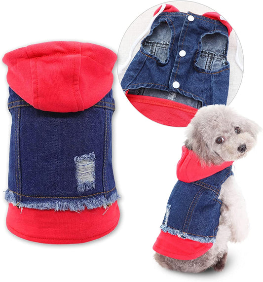 Pet Clothes Dog Jeans Jacket Puppy Cat Clothes Dog Hoodies Cool Coat Dog Clothes for Small Medium Dogs (Blue Red XS)