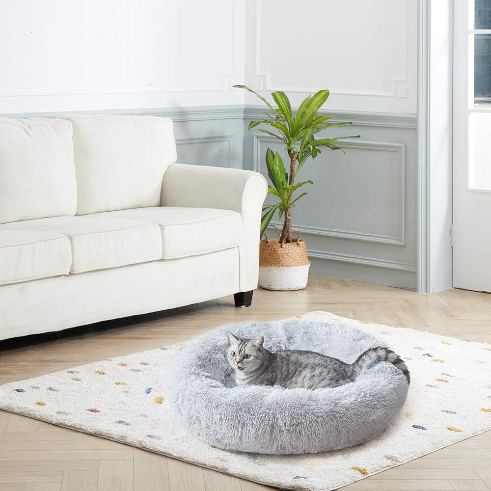 Calming Cat and Dog Bed, Anti-Slip Cute Cat Bed Faux Fur Fluffy Donut Cuddler Anxiety Cat Bed,Washable round Cat Beds for Indoor Cats,S(20"X20"),Gray,For Cats & Dogs up to 15 Lbs