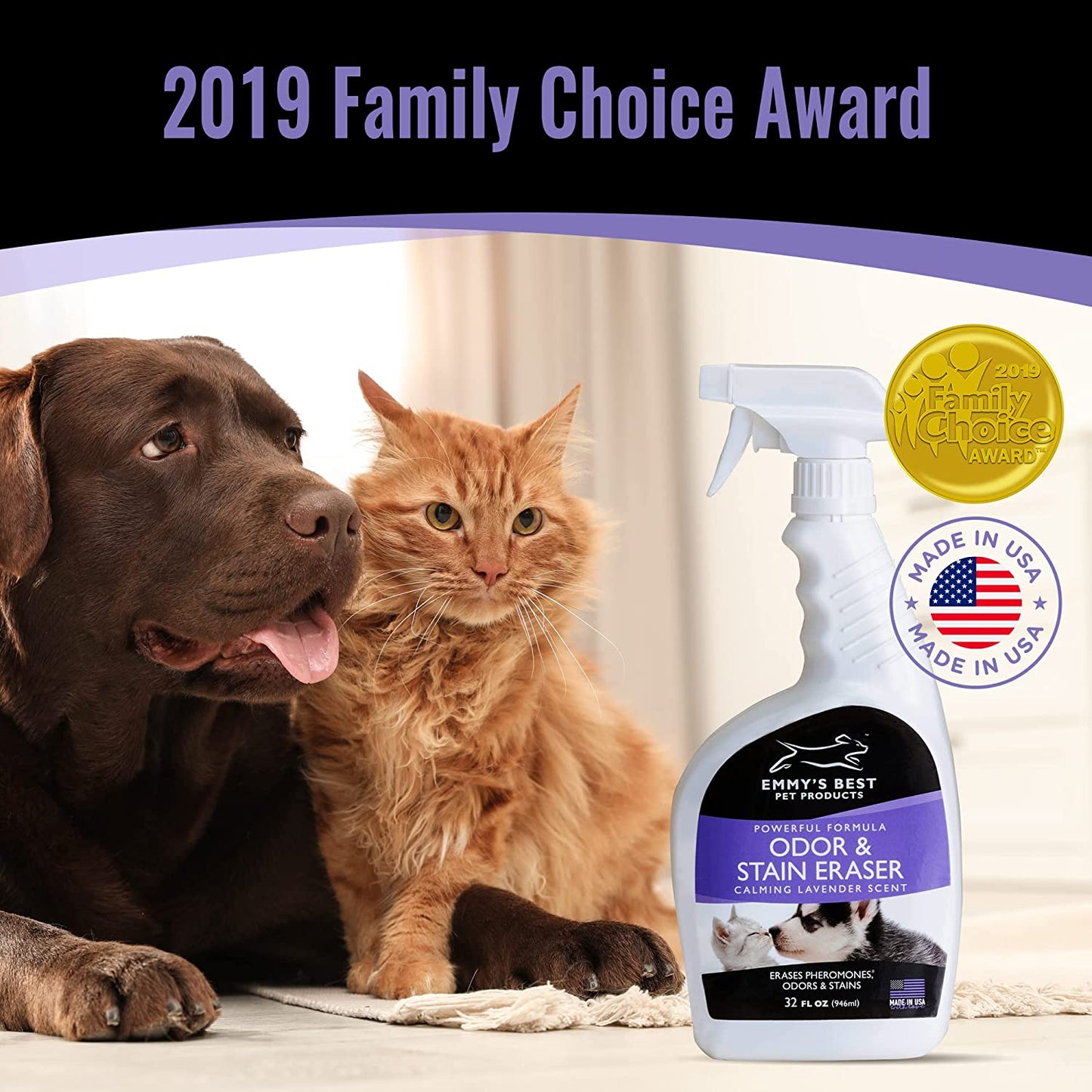 Odor & Stain Eraser - Made in the USA - Pet Odor Absorber and Room Deodorizer for Home Use - Odor Remover and Urine Odor Eliminator - Lavender Enzyme Carpet Cleaner