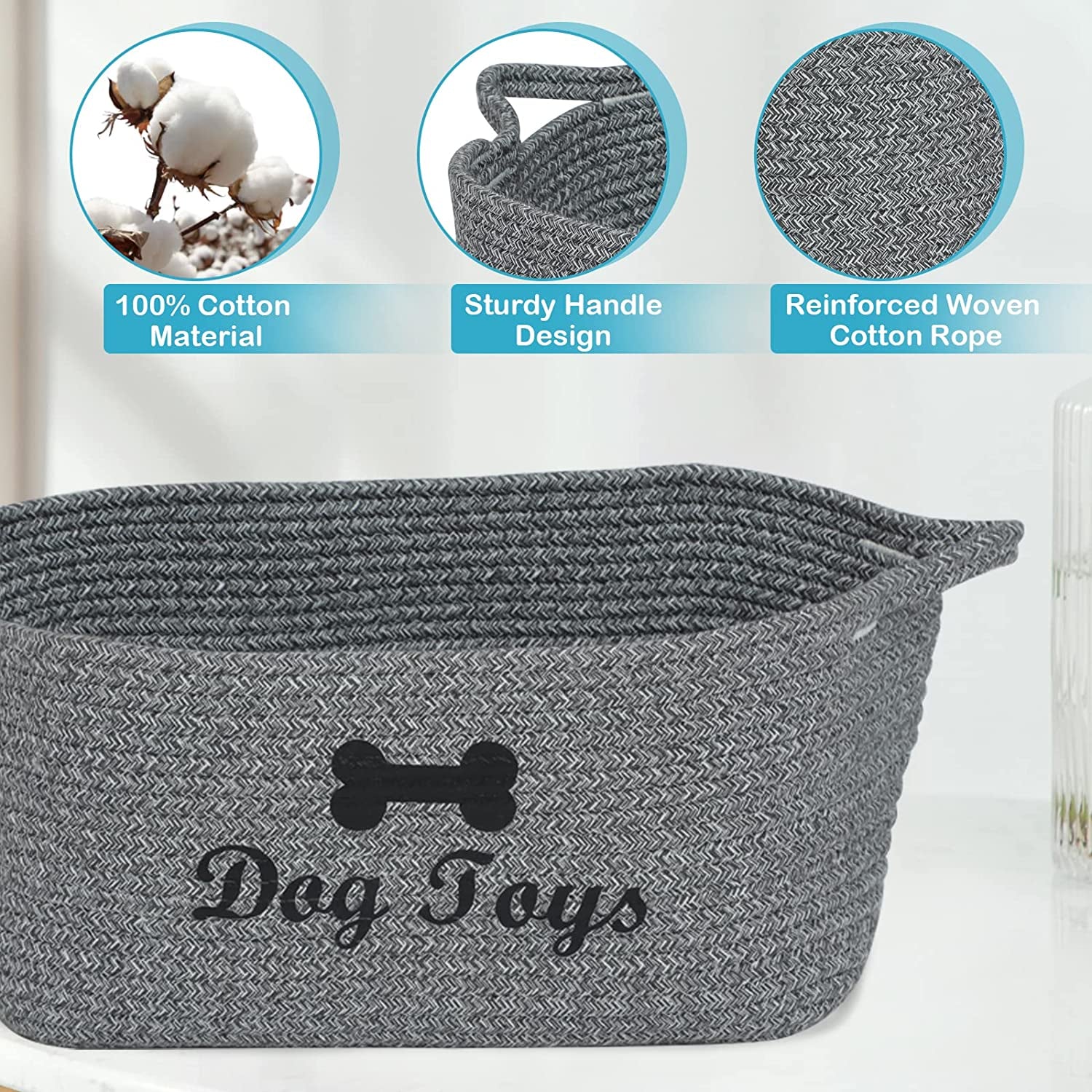 Weave Rope Toy Storage Basket Bin Dog Toy Storage Basket Basket Dog Toys Baske -Cube Organizer for Closet,Small Toys,Towels-Mixed Gray-Dog