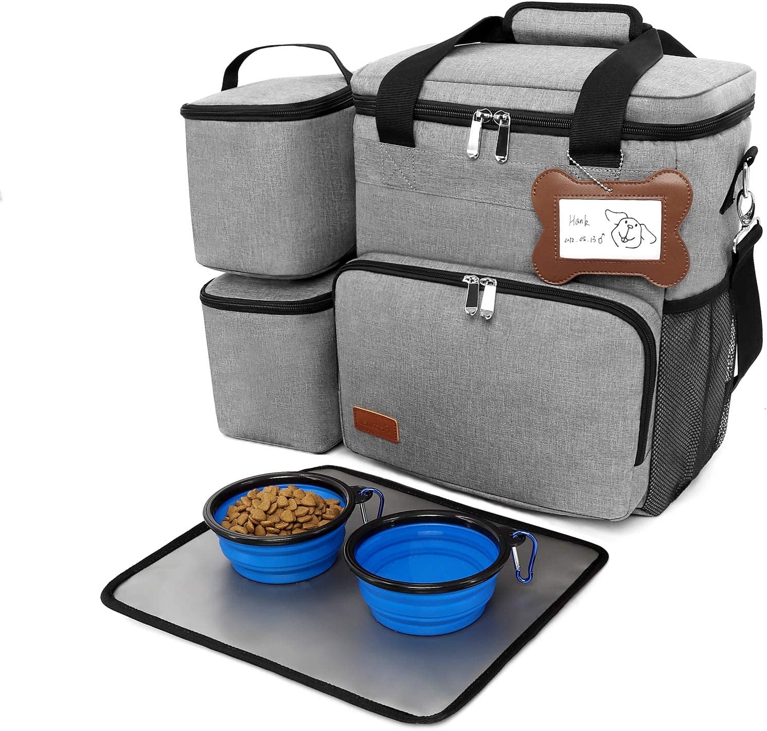 Dog Travel Bag for Supplies, Weekend Dog Food Bags for Hiking Camping Organizer Pet Travel Accessories, 2 Collapsible Dog Bowls, 2 Dog Food Containers