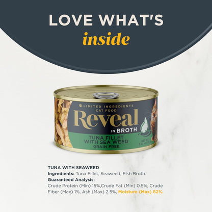 Reveal Natural Wet Cat Food, 24 Pack, Limited Ingredient Canned Wet Cat Food, Grain Free Food for Cats, Tuna with Seaweed in Broth, 2.47Oz Cans