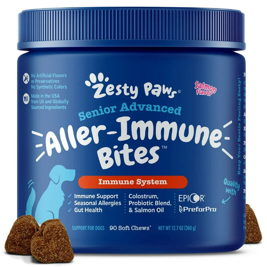 Immune System Senior Advanced Aller-Immune Bites for Senior Dogs, Allergy Relief and Supports Immune Function, Gut Health & Sensitive Skin, Salmon Flavor, 90 Count Soft Chews