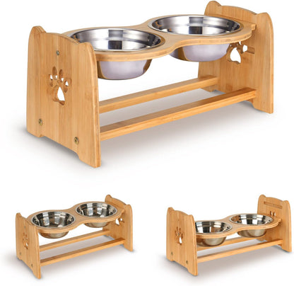 Elevated Dog Bowls for Cats and Dogs, Adjustable Bamboo Raised Dog Bowls for Small Dog, Food and Water Set Stand Feeder with 2 Stainless Steel Bowls and anti Slip Feet (Height 4" to 4.5")