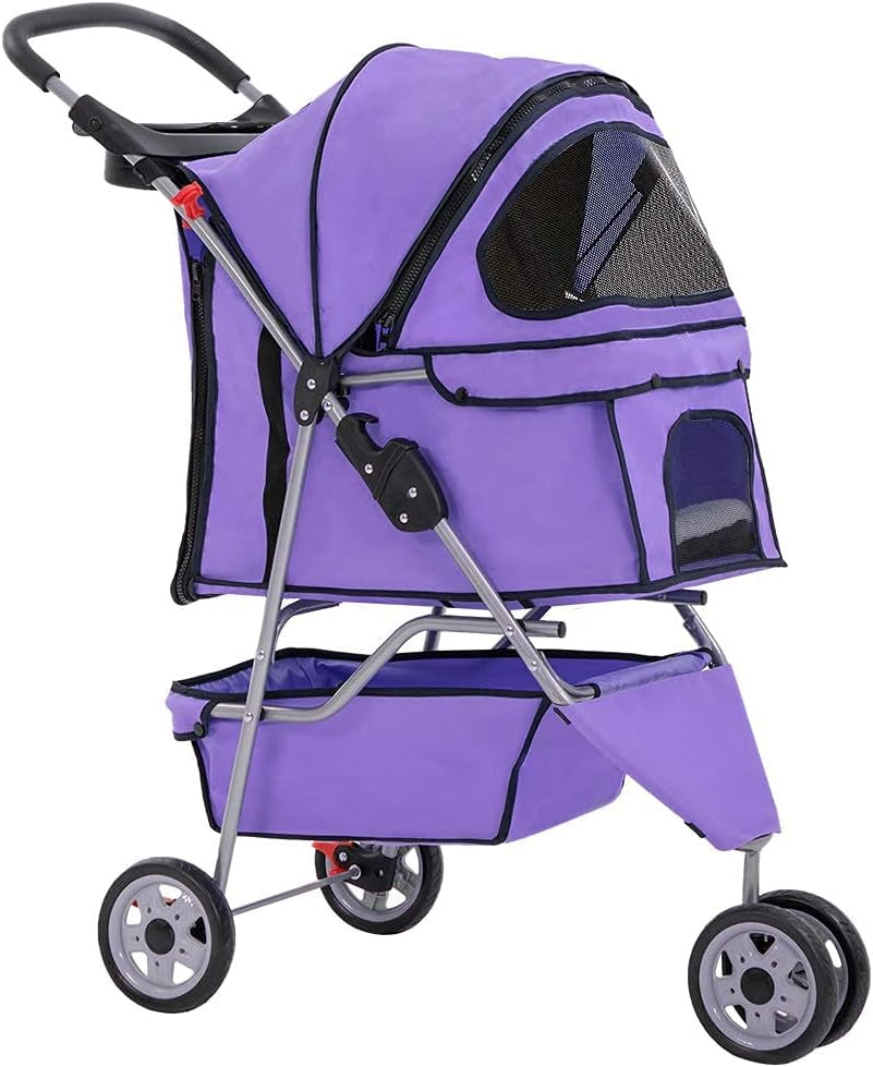 3 Wheels Pet Stroller Dog Stroller Cat Cage Jogger Stroller Cats Travel Folding Carrier Waterproof Puppy Stroller with Cup Holder & Removable Liner (Pink)