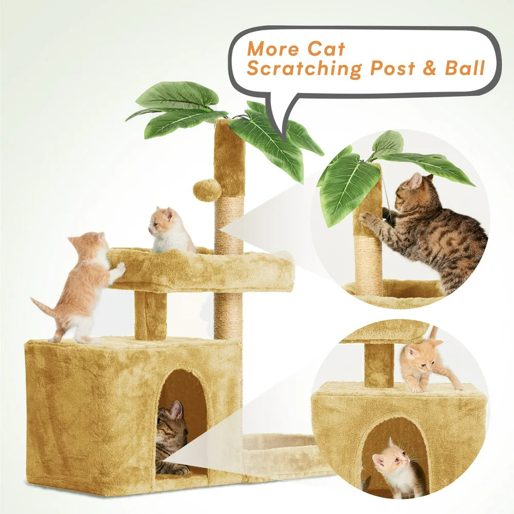 31.5" Cat Tree Cat Tower for Indoor Cats with Green Leaves, Cat Condo Cozy Plush Cat House with Hang Ball and Leaf Shape Design, Cat Furniture Pet House with Cat Scratching Posts,Beige