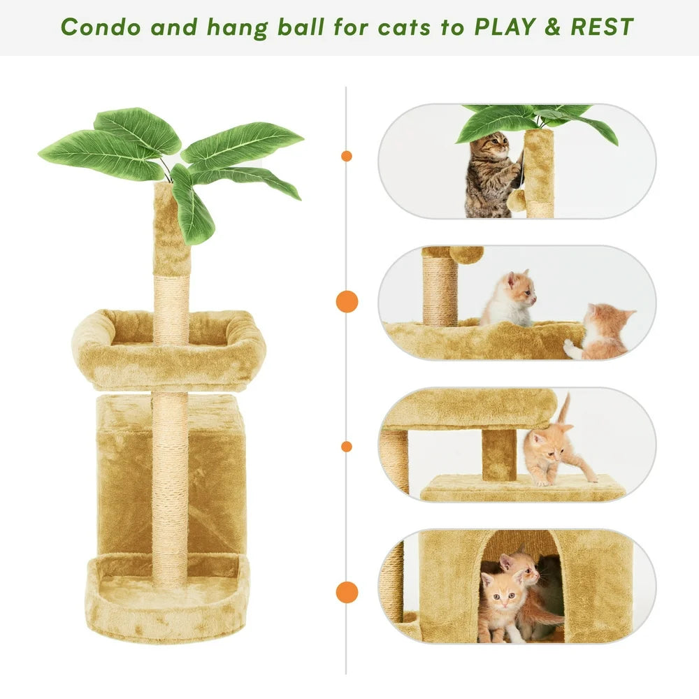 31.5" Cat Tree Cat Tower for Indoor Cats with Green Leaves, Cat Condo Cozy Plush Cat House with Hang Ball and Leaf Shape Design, Cat Furniture Pet House with Cat Scratching Posts,Beige