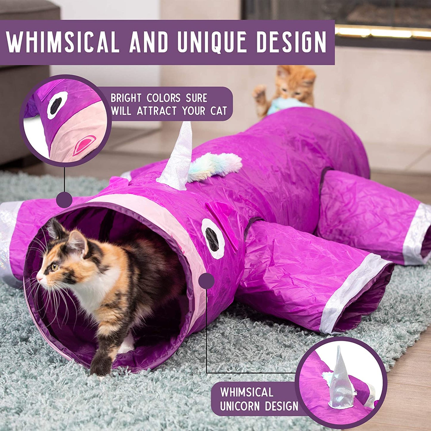 Magic Mewnicorn Multi Cat Tunnel Boredom Relief Toys with Crinkle Feather String for Dogs, Cats, Rabbits, Kittens and Guinea Pigs for Hiding Hunting and Resting