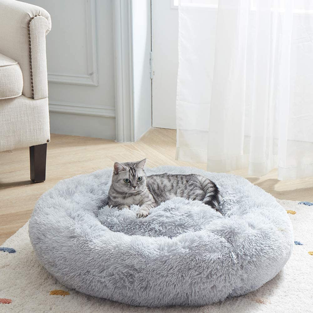 Calming Cat and Dog Bed, Anti-Slip Cute Cat Bed Faux Fur Fluffy Donut Cuddler Anxiety Cat Bed,Washable round Cat Beds for Indoor Cats,S(20"X20"),Gray,For Cats & Dogs up to 15 Lbs