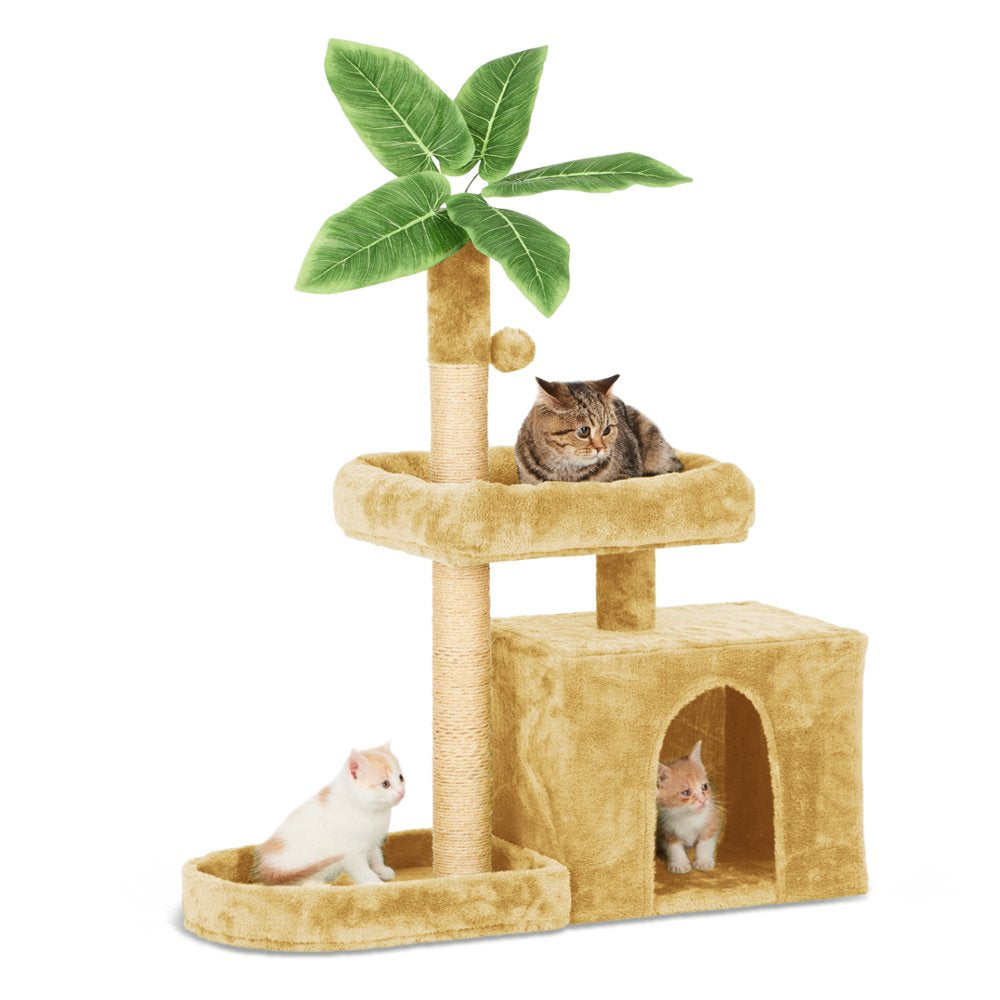 31.5" Cat Tree Cat Tower for Indoor Cats with Green Leaves, Cat Condo Cozy Plush Cat House with Hang Ball and Leaf Shape Design, Cat Furniture Pet House with Cat Scratching Posts,Beige