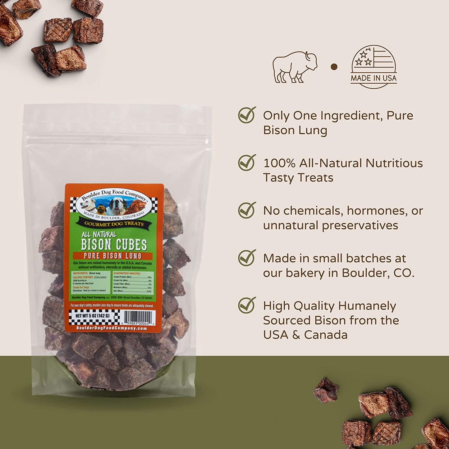 Bison Cubes: Pure Bison Dog Treats - All Natural Treats for Dogs. Vet Approved, Single Ingredient, Grain Free, Healthy & Nutritious Real Meat, Low Calorie Treats for Dogs (Bison Lung, 5Oz)