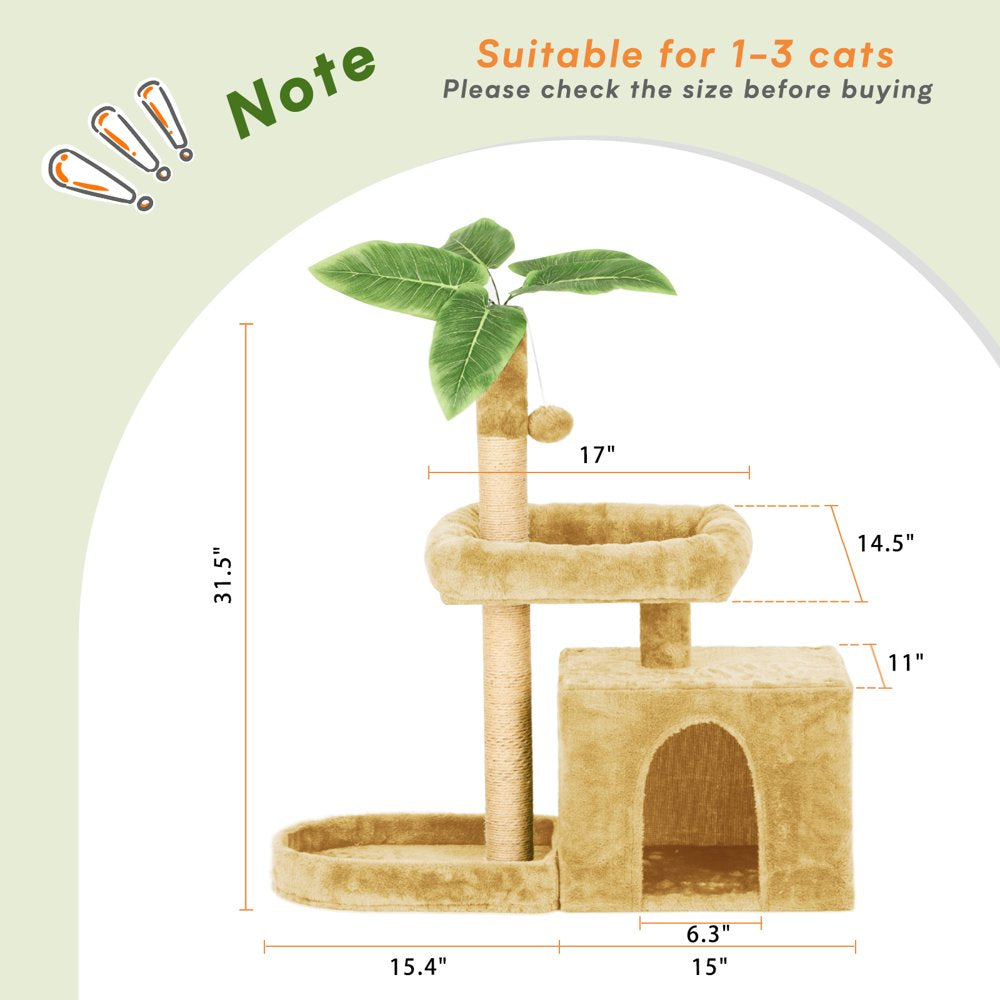 31.5" Cat Tree Cat Tower for Indoor Cats with Green Leaves, Cat Condo Cozy Plush Cat House with Hang Ball and Leaf Shape Design, Cat Furniture Pet House with Cat Scratching Posts,Beige