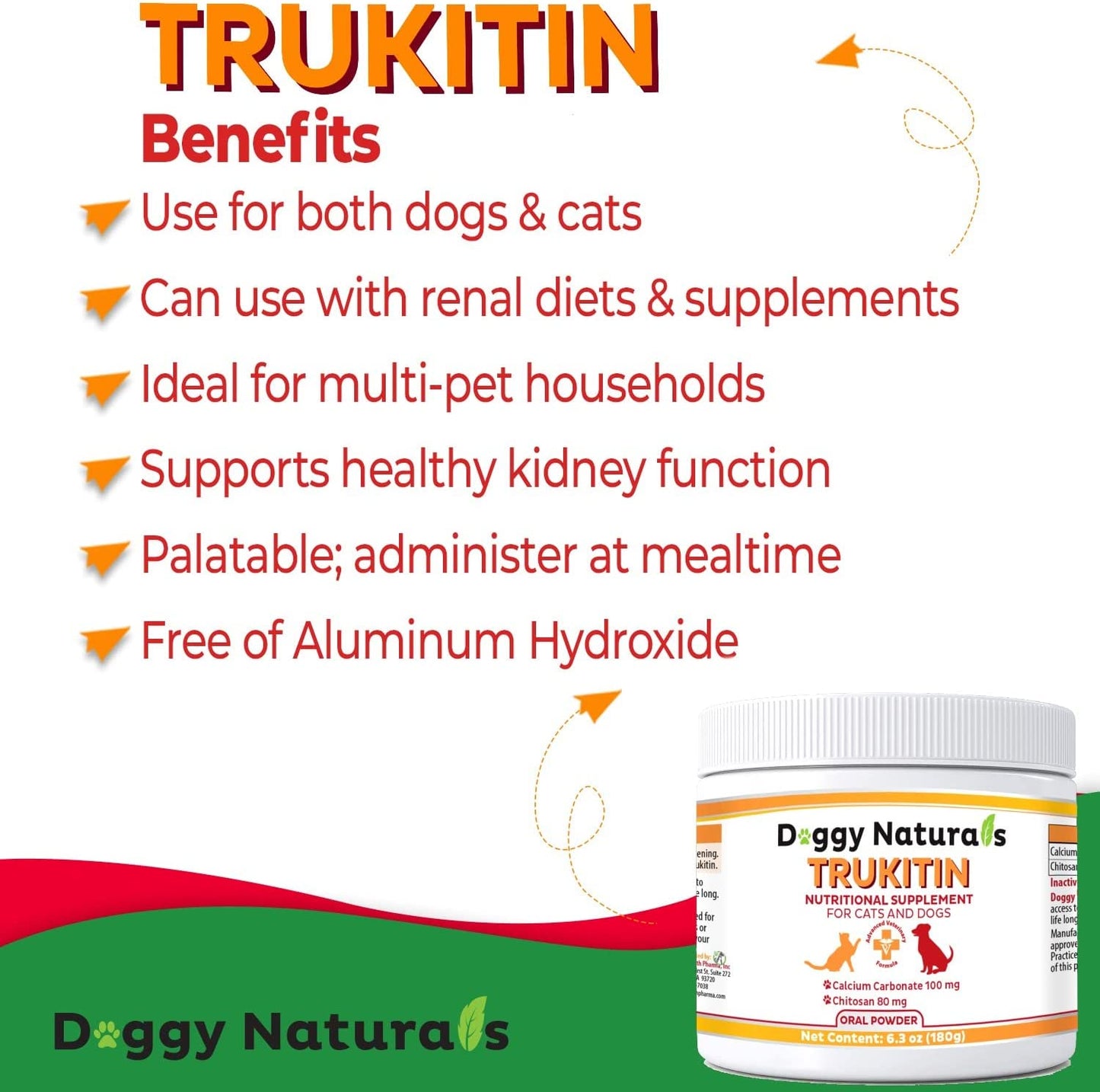 Trukitin Chitosin Based Phosphate Binder for Cats & Dogs – All Natural Human Grade Ingredients for Renal Support Supplement with Calcium Carbonate Oral Powder (Made in U.S.A)