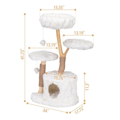 42-In Modern Cat Tree Tower for Large Cats, Natural Branch Cat Condo with 3 Platforms, Scratching Posts, Cat Cave Bed, White