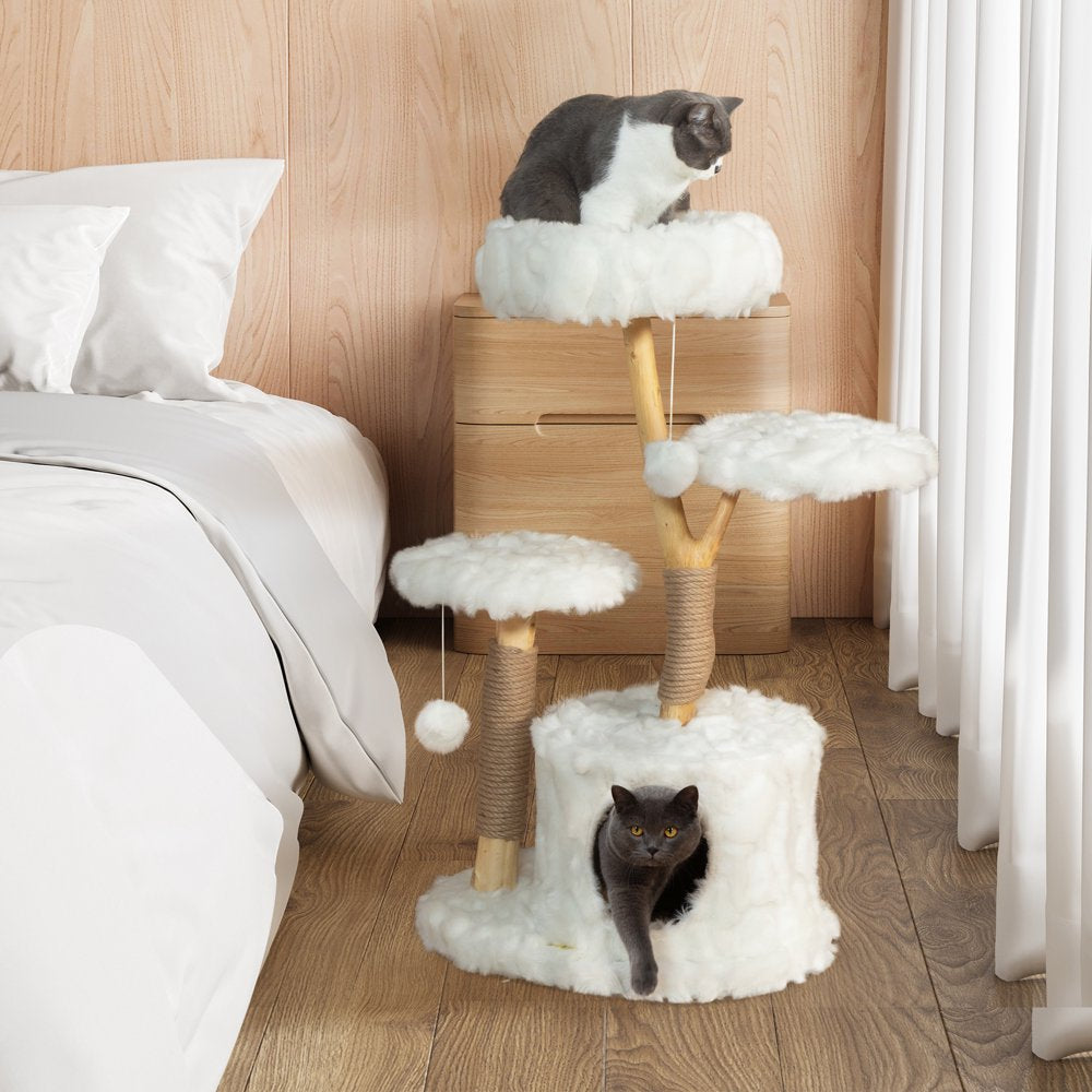 42-In Modern Cat Tree Tower for Large Cats, Natural Branch Cat Condo with 3 Platforms, Scratching Posts, Cat Cave Bed, White