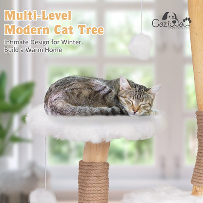 42-In Modern Cat Tree Tower for Large Cats, Natural Branch Cat Condo with 3 Platforms, Scratching Posts, Cat Cave Bed, White