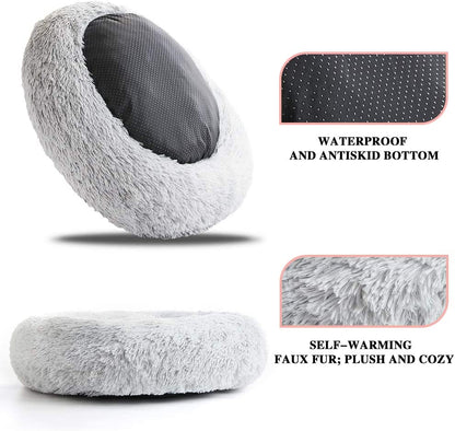 Calming Cat and Dog Bed, Anti-Slip Cute Cat Bed Faux Fur Fluffy Donut Cuddler Anxiety Cat Bed,Washable round Cat Beds for Indoor Cats,S(20"X20"),Gray,For Cats & Dogs up to 15 Lbs