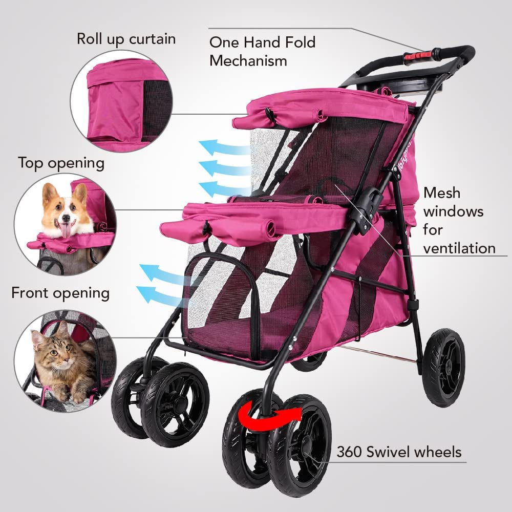 - Double Dog Stroller for Small Dogs and Medium Dogs and Cats - Double Pet Stroller, Lightweight and Foldable with Mesh Windows, Extra Space for Second Pet or Storage - Pink