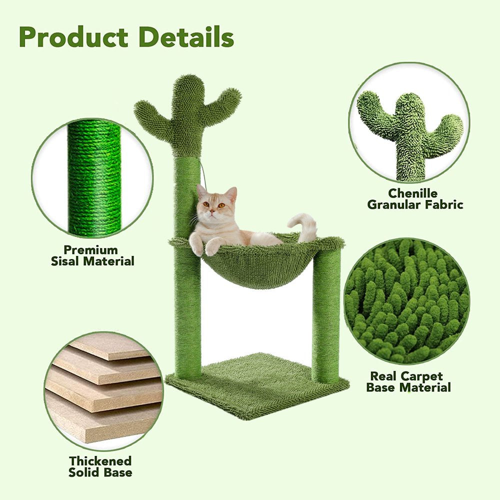 Cactus Cat Scratching Post 33" Large Cat Scratcher with Large Hammock for All Indoor Cats,Green