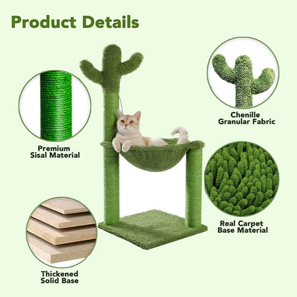 Cactus Cat Scratching Post 33" Large Cat Scratcher with Large Hammock for All Indoor Cats,Green