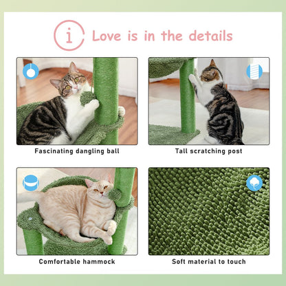 Cactus Cat Scratching Post 33" Large Cat Scratcher with Large Hammock for All Indoor Cats,Green