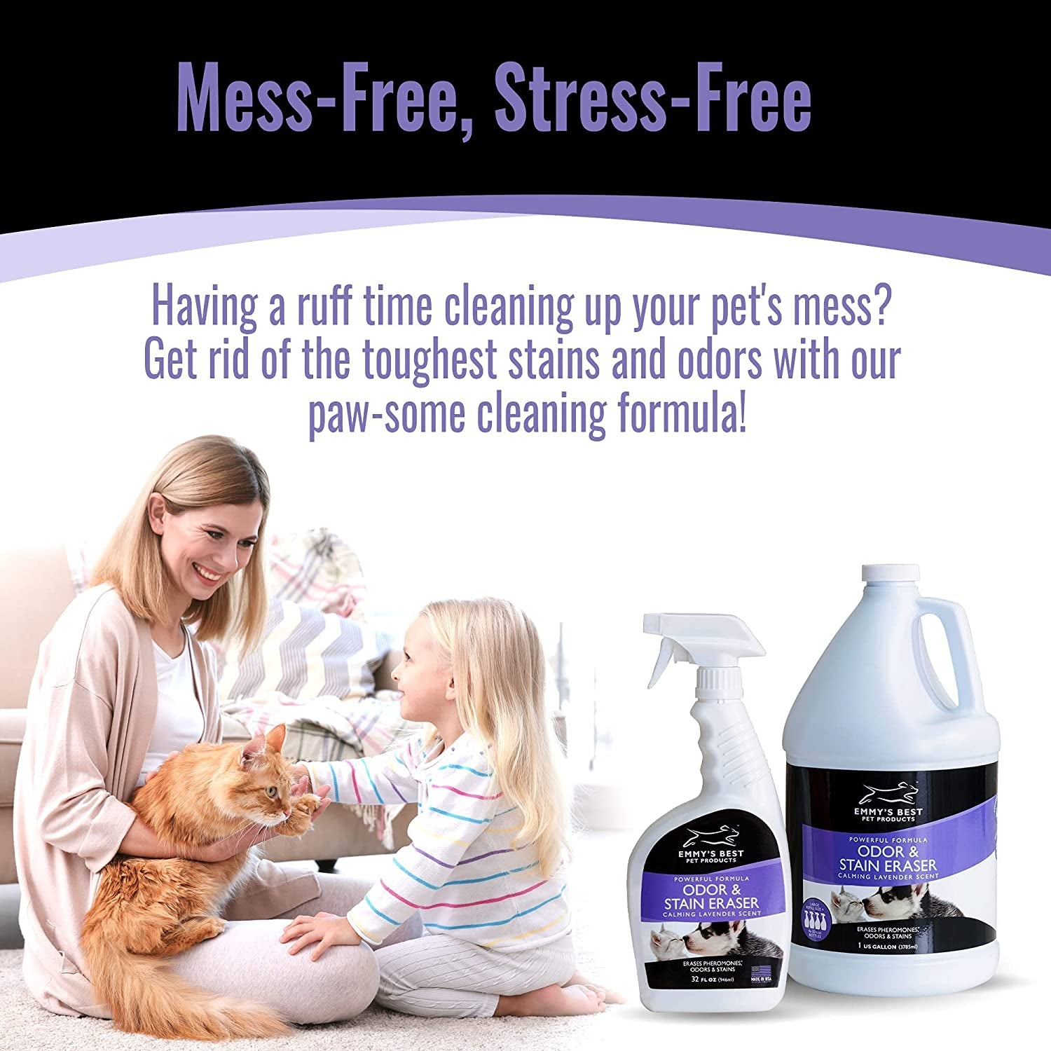 Odor & Stain Eraser - Made in the USA - Pet Odor Absorber and Room Deodorizer for Home Use - Odor Remover and Urine Odor Eliminator - Lavender Enzyme Carpet Cleaner