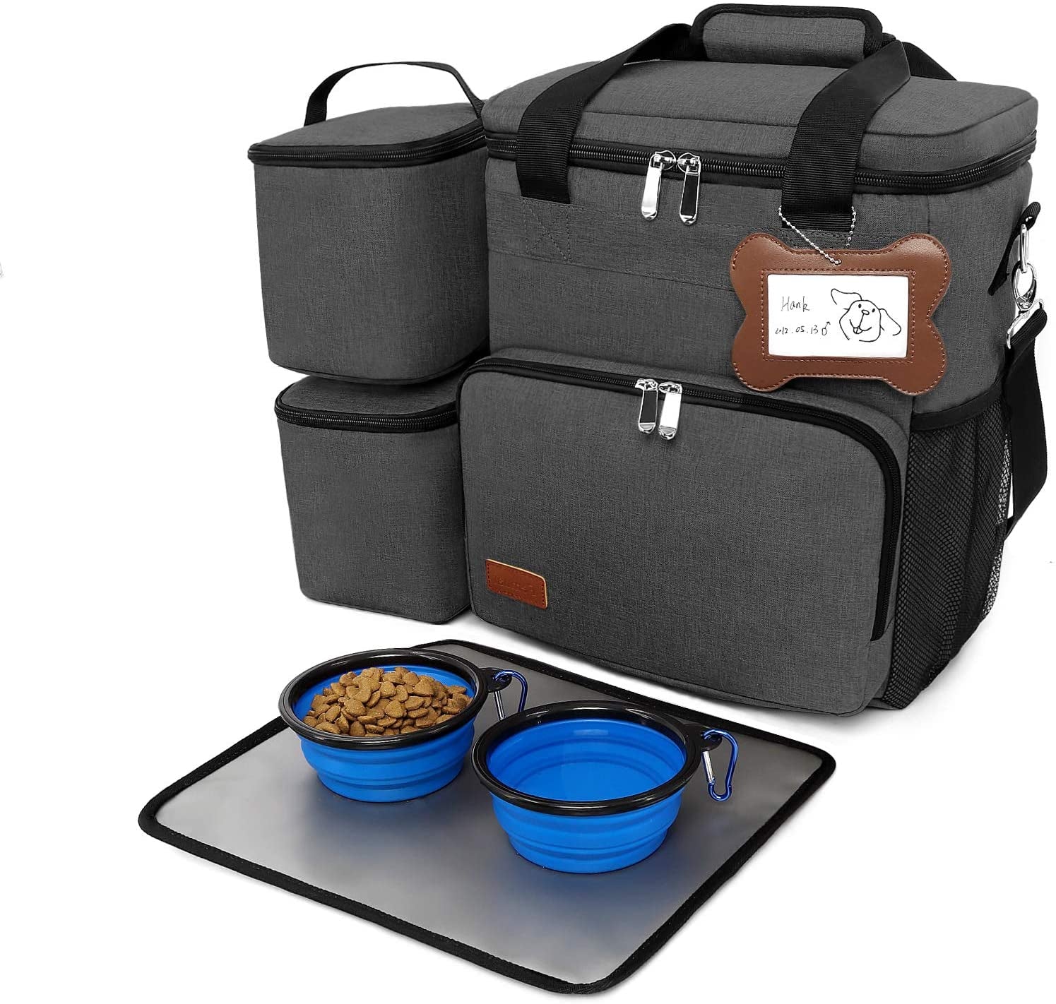 Dog Travel Bag for Supplies, Weekend Dog Food Bags for Hiking Camping Organizer Pet Travel Accessories, 2 Collapsible Dog Bowls, 2 Dog Food Containers