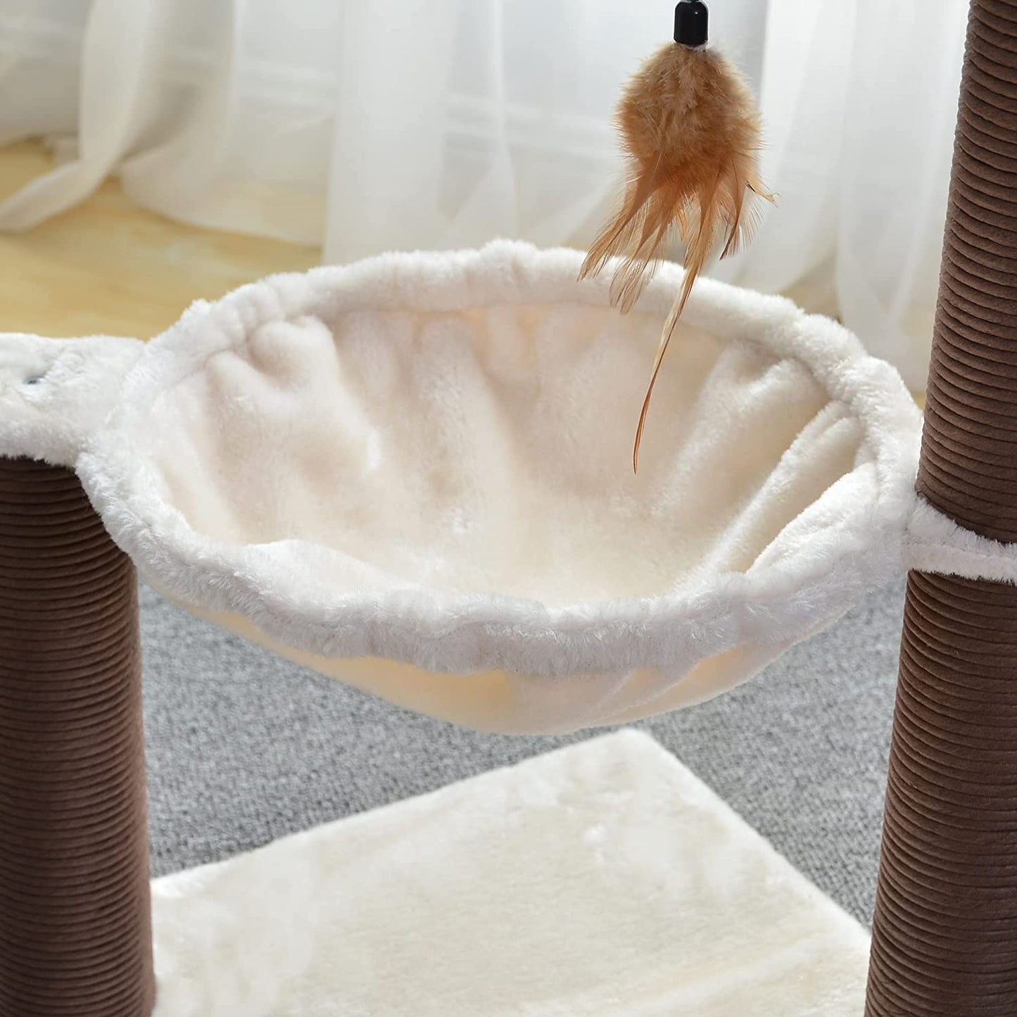 Cat Tree with Feather Toy - Cozy Design of Cat Hammock Allure Kitten to Lounge In, Cats Love to Lazily Recline While Playing with Feather Toy and Scratching Post, (Innovative Arrival)