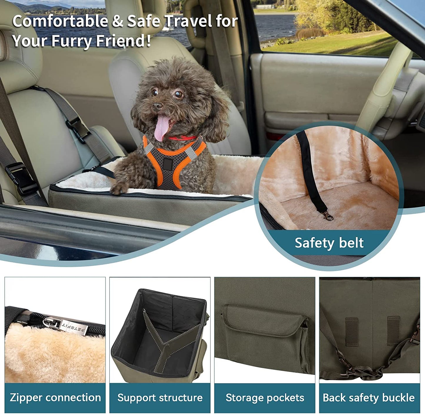 Dog/Cat Booster Seat with Pockets, Small Dog Car Seat for Cars, Trucks and Suvs (Small, Dark Brown)