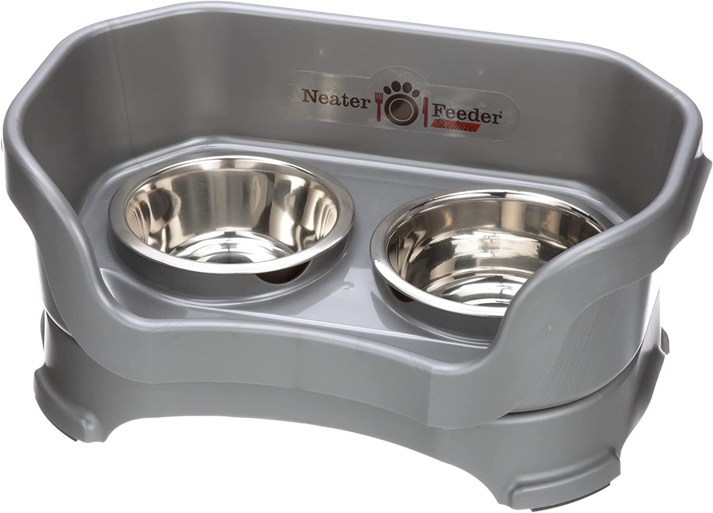 Neater Feeder Deluxe for Small Dogs - Mess Proof Pet Feeder with Stainless Steel Food & Water Bowls - Drip Proof, Non-Tip, and Non-Slip - Gunmetal Grey