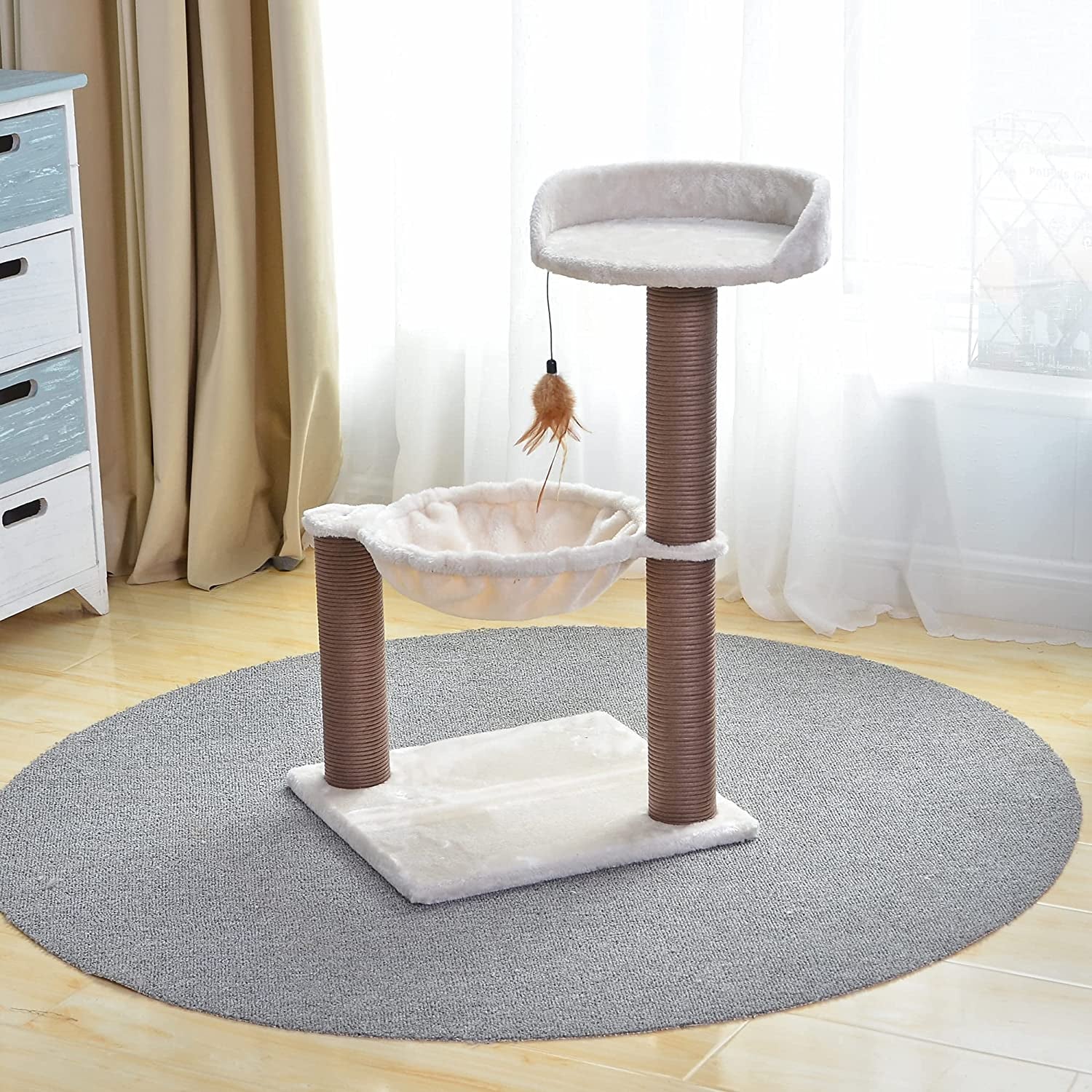 Cat Tree with Feather Toy - Cozy Design of Cat Hammock Allure Kitten to Lounge In, Cats Love to Lazily Recline While Playing with Feather Toy and Scratching Post, (Innovative Arrival)