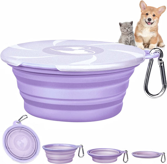 Collapsible Dog Bowls - Portable Travel Dog Bowls with Lids & Carabiners, 1 Pack Silicone Feeding Watering Purple Pet Bowls for Dogs Cats, 450Ml/15Oz Collapsable Doggy Bowl for Walking Hiking Camping