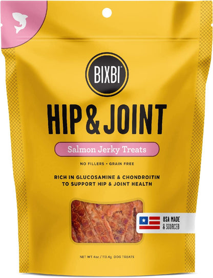 BIXBI Hip & Joint Support Salmon Jerky Dog Treats, 4 Oz - USA Made Grain Free Dog Treats - Glucosamine, Chondroitin for Dogs - High in Protein, Antioxidant Rich, Whole Food Nutrition, No Fillers