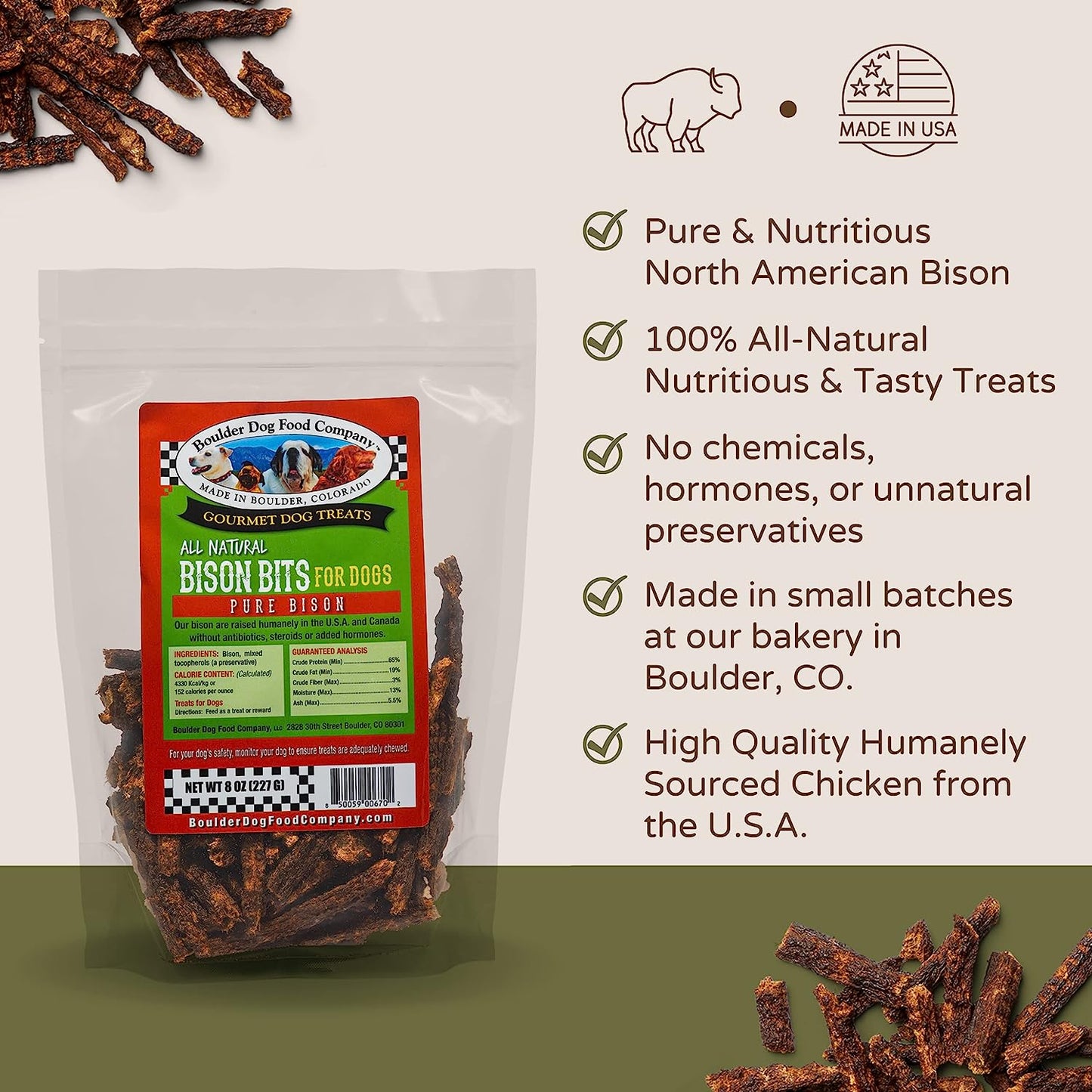 Bison Bits: Pure Bison Dog Treats - All Natural Treats for Dogs. Vet Approved, Limited Ingredient, Grain Free, Healthy & Nutritious Treats for Dogs (Bison, 8Oz)