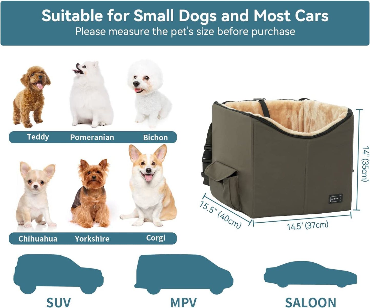 Dog/Cat Booster Seat with Pockets, Small Dog Car Seat for Cars, Trucks and Suvs (Small, Dark Brown)